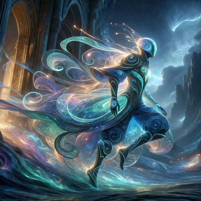 The primary subject of the image is a person, possibly a woman, dressed in a blue and green outfit, with a flowing cape. The setting is a dark, possibly magical, environment with a backdrop of a mountain. The visual style appears to be a combination of digital art and illustration, creating a surreal and fantastical atmosphere. The colors and mood of the image are predominantly blue and green, with a hint of purple, giving the scene a mystical and enchanting feel.